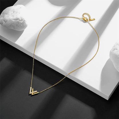 Simple Style V Shape Titanium Steel Inlay Zircon 18k Gold Plated Necklace