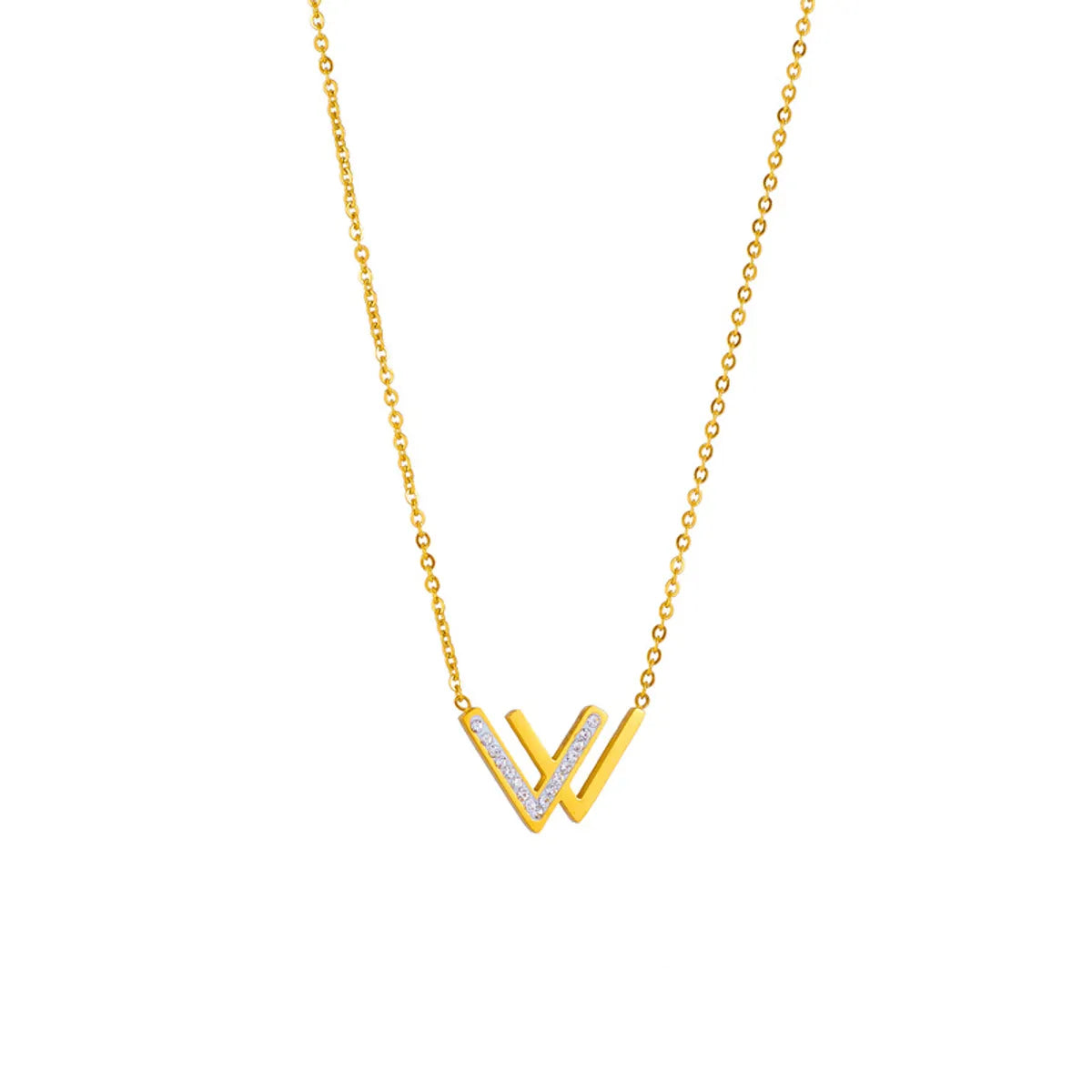 Simple Style V Shape Titanium Steel Inlay Zircon 18k Gold Plated Necklace