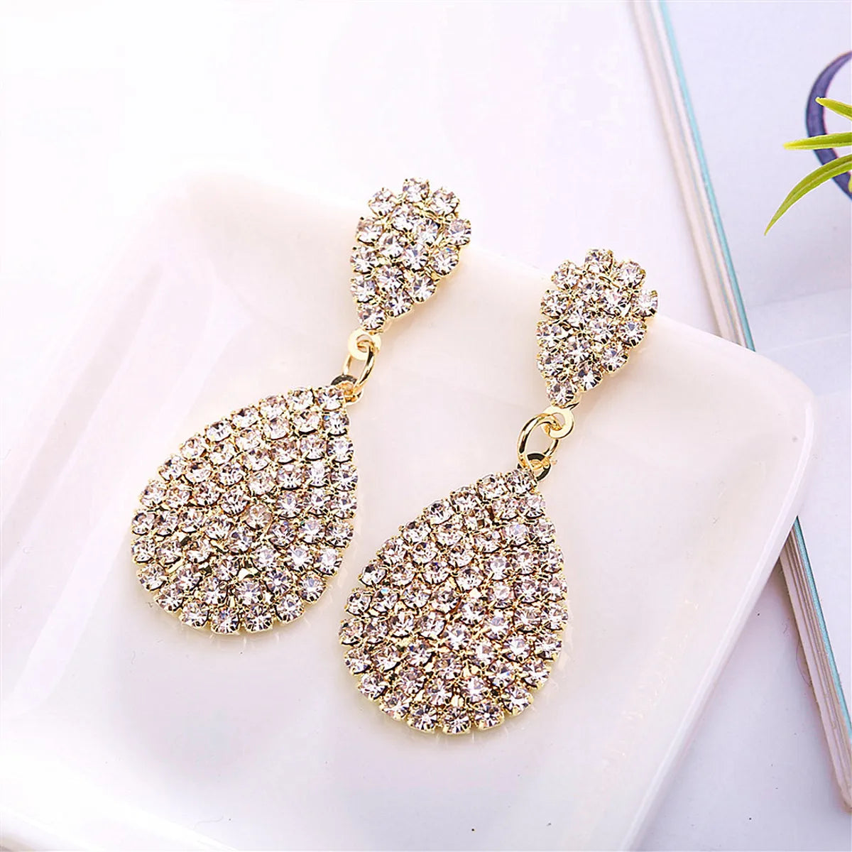 1 Pair Simple Style Water Droplets Inlay Alloy Rhinestones Drop Earrings