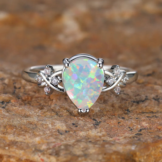 Simple Style Water Droplets Copper Inlay Opal Zircon Rings