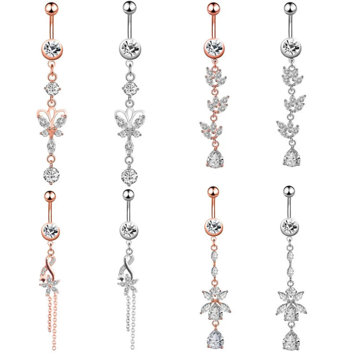 Simple Style Water Droplets Flower Butterfly Stainless Steel Inlay Zircon Women's Belly Ring