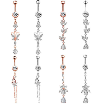 Simple Style Water Droplets Flower Butterfly Stainless Steel Inlay Zircon Women's Belly Ring