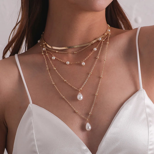 Simple Style Water Droplets Imitation Pearl Alloy Layered Women's Layered Necklaces