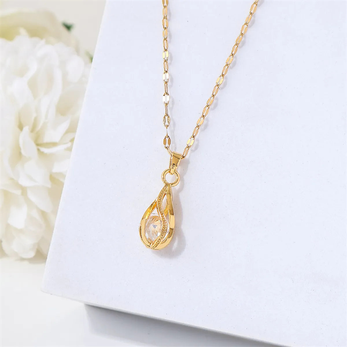 Simple Style Water Droplets Stainless Steel Titanium Steel Plating Inlay Zircon 18k Gold Plated Pendant Necklace