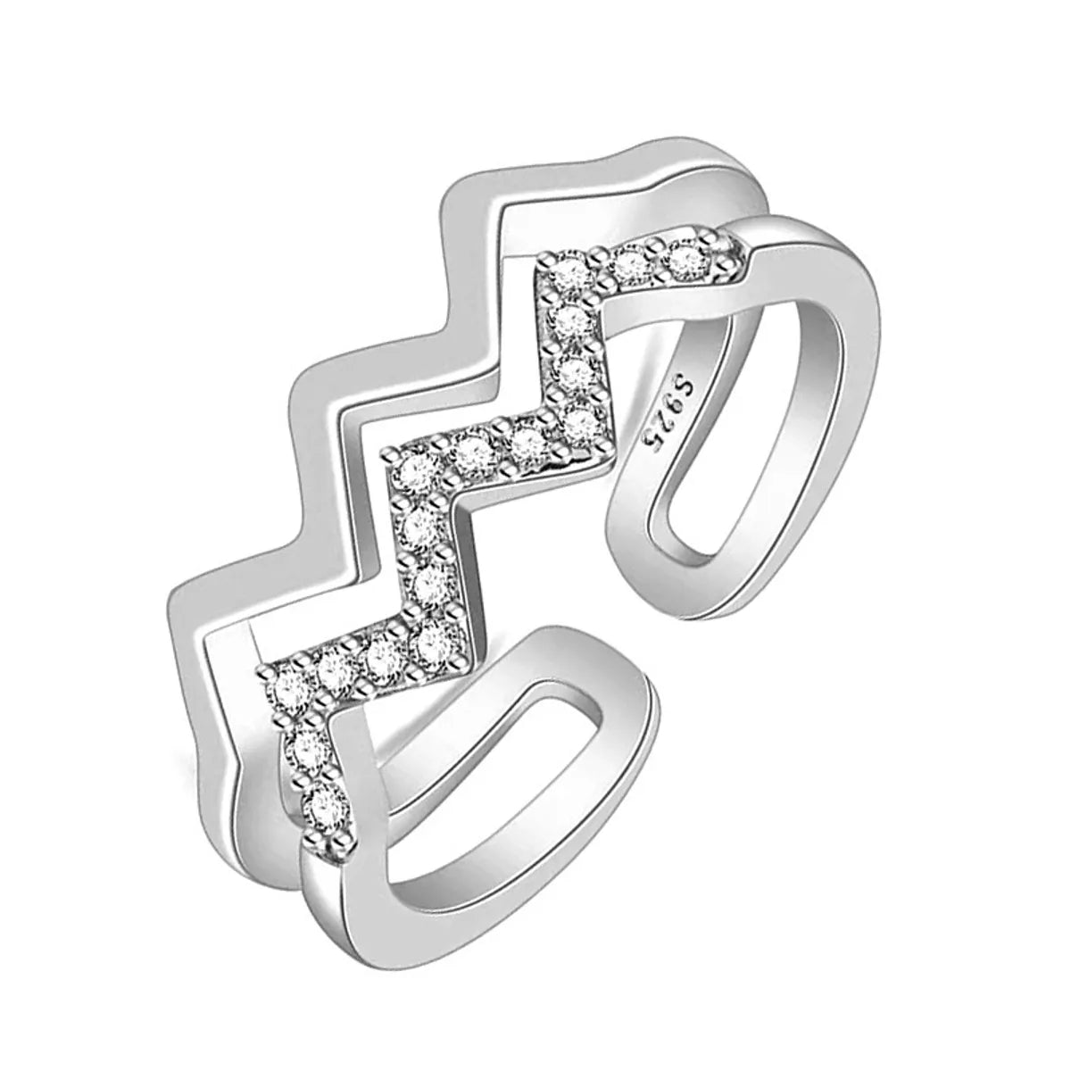 Simple Style Waves Sterling Silver Hollow Out Zircon Open Ring