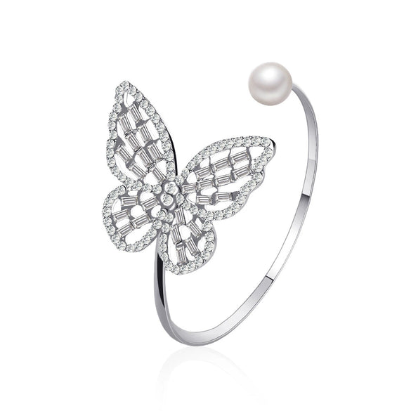 Simple Temperament All Match Hollow Zircon Butterfly Alloy Bracelet With Exaggerated Pearl Crystal Opening And Adjustable Electroplated