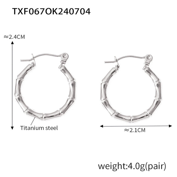 Simple Thin Bamboo Opening Necklace Bracelet Earrings Set In Titanium Steel With Slub Pattern And 18K Gold Plated Electroplating Unisex