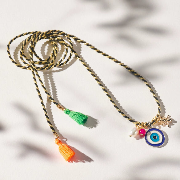 Simple Titanium Steel And Stainless Steel Necklace With Natural Baroque Pearl And Geometric Devil's Eye Pendant Electroplated