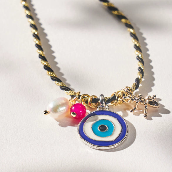 Simple Titanium Steel And Stainless Steel Necklace With Natural Baroque Pearl And Geometric Devil's Eye Pendant Electroplated