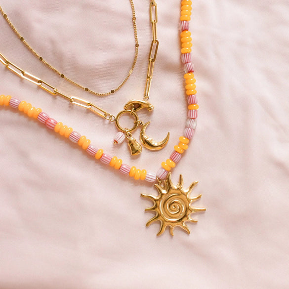 Simple Titanium Steel And Stainless Steel Necklace With Sun Moon Palm Pendant And Colorful Beaded Chain Electroplated