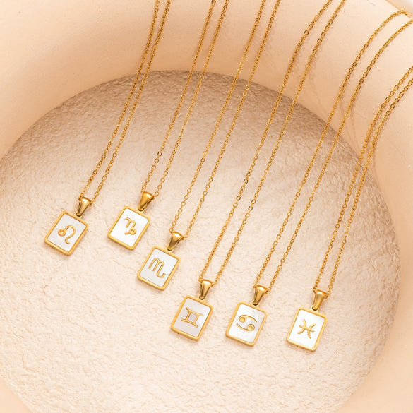 Simple Titanium Steel Constellation Square Shell Pendant Necklace Jewelry