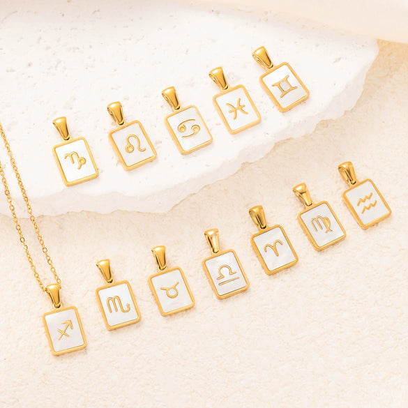 Simple Titanium Steel Constellation Square Shell Pendant Necklace Jewelry