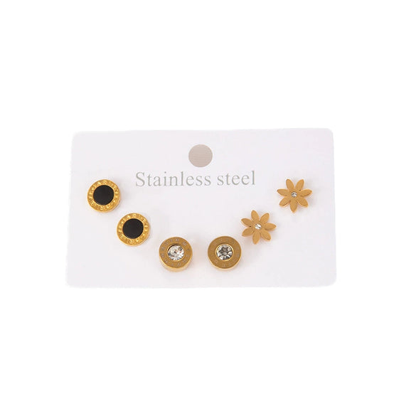 Simple Titanium Steel Flower Round Earrings Inlaid With Zircon Electroplated Threepiece Set For Women
