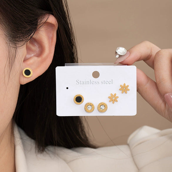 Simple Titanium Steel Flower Round Earrings Inlaid With Zircon Electroplated Threepiece Set For Women