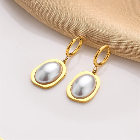 Simple Titanium Steel Handmade Earrings With Shell Beads Geometric Pattern 18K Gold Plated