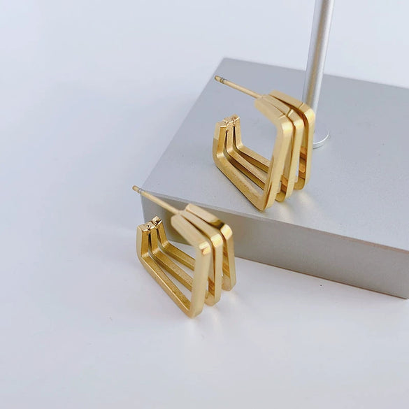Simple Titanium Steel Square Ring Earrings For Female With Geometric Design And High Grade 18K Golden Finish