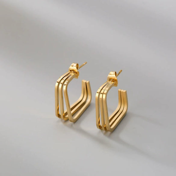 Simple Titanium Steel Square Ring Earrings For Female With Geometric Design And High Grade 18K Golden Finish