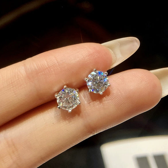 Simple Unisex Stud Earrings S925 Sterling Silver Geometric Design Electroplated With Moissanite And Classic Six Claw D Color Diamond