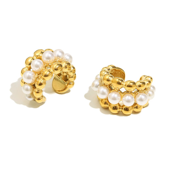 Simple Versatile Elegant Geometric Stainless Steel 18K Gold Plated Imitation Pearl Ball Bead Ear Clip For Women