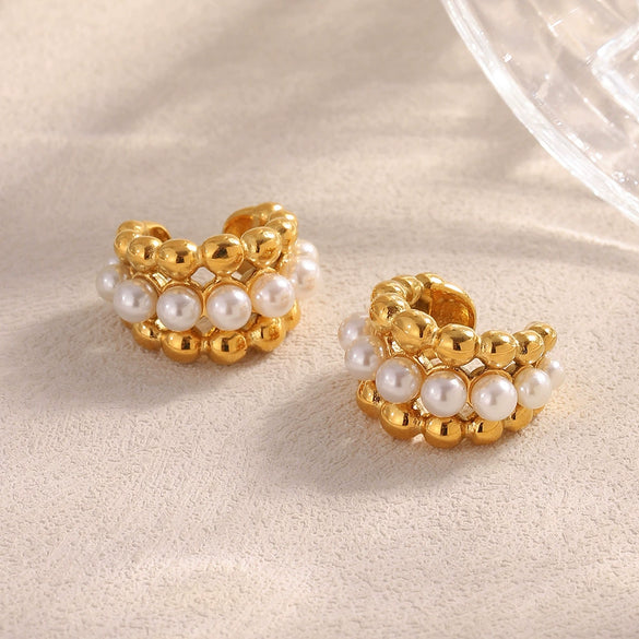 Simple Versatile Elegant Geometric Stainless Steel 18K Gold Plated Imitation Pearl Ball Bead Ear Clip For Women