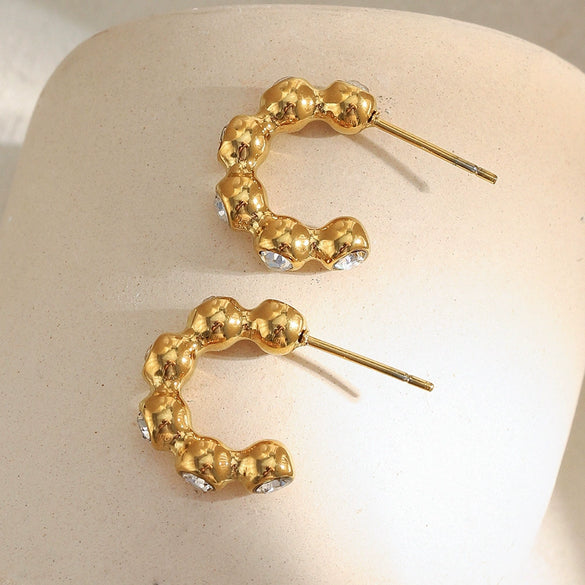 Simple Versatile Geometric Fashion Earrings For Women Stainless Steel 18K Gold Plated Round Bead Zircon Electroplated