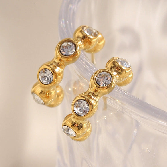 Simple Versatile Geometric Fashion Earrings For Women Stainless Steel 18K Gold Plated Round Bead Zircon Electroplated