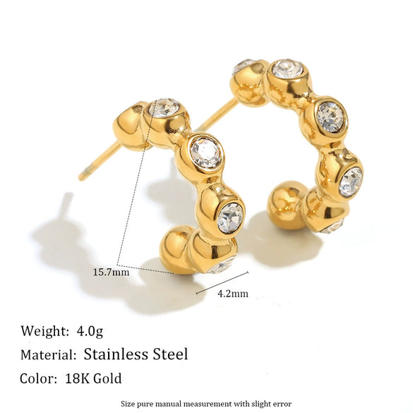 Simple Versatile Geometric Fashion Earrings For Women Stainless Steel 18K Gold Plated Round Bead Zircon Electroplated