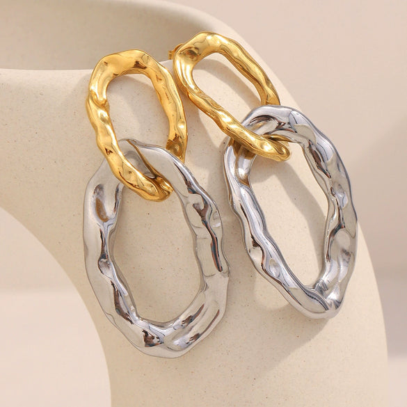 Simple Versatile Highend Commuter Hoop Earrings Stainless Steel 18K Gold Plated Hammered Geometric Pattern For Women