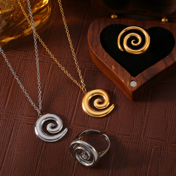 Simple Vortex Pendant Clavicle Necklace And Ring Jewelry Suit In Titanium Steel With Gold Plated Electroplating