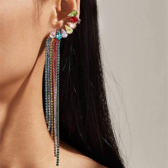 Simple Water Drop Rhinestone Earrings For Women With Claw Chain Long Tassel Electroplating Treatment