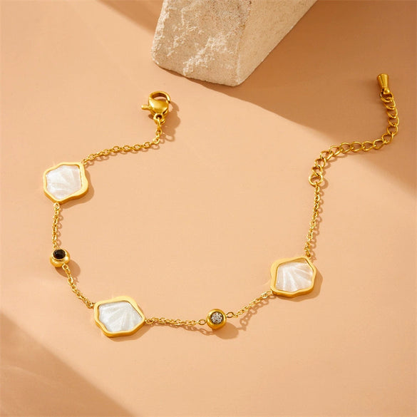 Simple White Shell Style Women's Stainless Steel Bracelet With Geometric And Leaf Pattern Electroplated