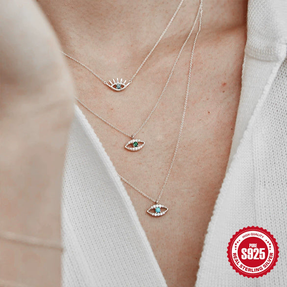 Simple Women's S925 Sterling Silver Necklace With Geometric Devil's Eye Pendant And O Chain Electroplated Design