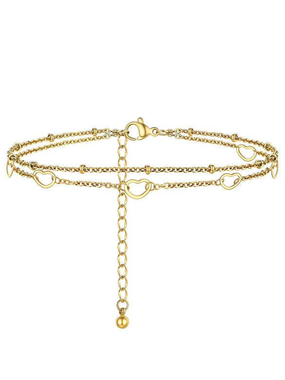 Simple Women's Stainless Steel Double Layer Chain Anklet With Heart Shaped Pendant Fashion Jewelry Accessory
