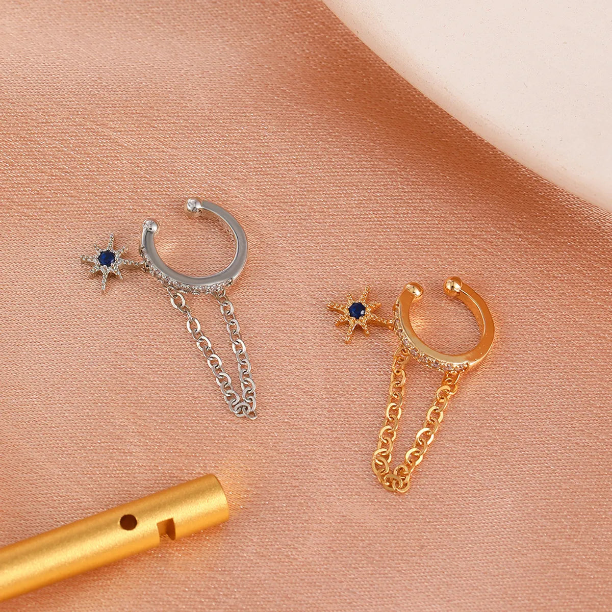 Simple Zircon Holeless Ear Bone Clip Retro Copper Inlaid Zircon Five-pointed Star Chain Ear Clip