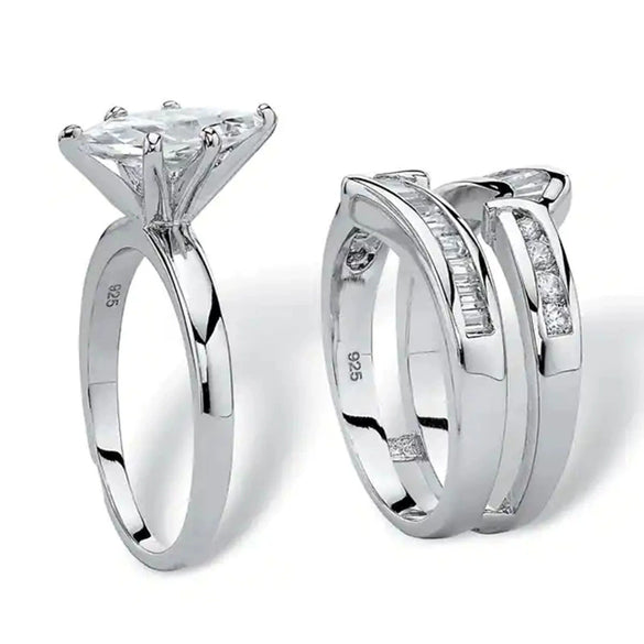 Simulated Zircon Copper Ring Microembedded Geometric Style Women's Engagement Threepiece Set