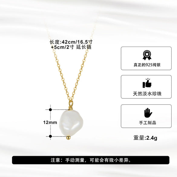 Single Pearl Pendant Necklace Natural Baroque Freshwater Pearl Silver Geometric Clavicle Chain Electroplating Simple Minimalist Design For Women