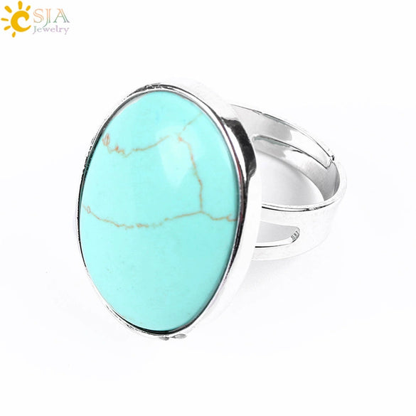 Single Semiprecious Stone Ring Copper Ring Adjustable Female Ring Multicolor Mixed Batch Oval Convex Natural Stone Creative Gift