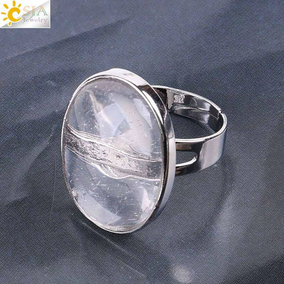 Single Semiprecious Stone Ring Copper Ring Adjustable Female Ring Multicolor Mixed Batch Oval Convex Natural Stone Creative Gift