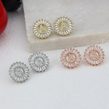 Small 26 Letter Sweet Female Zircon Electroplated Copper Earrings