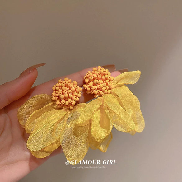 Small Fresh Sweet Flower Fabric Earrings With Electroplating Treatment