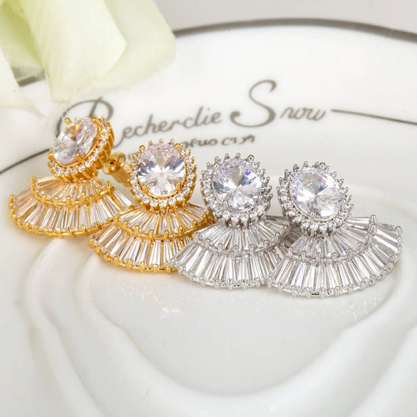 Small Skirt Earrings Copper Inlaid Zircon Earrings European And American Exaggerated Bride High-End Full-Diamond Super Flash Ear Jewelry