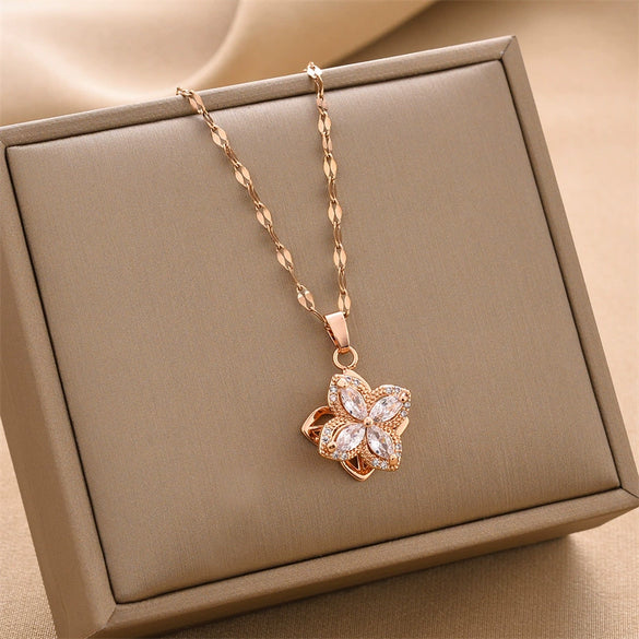 Smart Rotating Fourleaf Clover Necklace For Women Titanium Steel With Mixed Gem Inlay And Electroplating