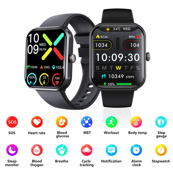 Smart Watch Multifunction Blood Glucose Blood Pressure Heart Rate Blood Oxygen Monitoring Sos Alarm Call Square Dial Daily Waterproof Environmentally Friendly Silicone Wristband