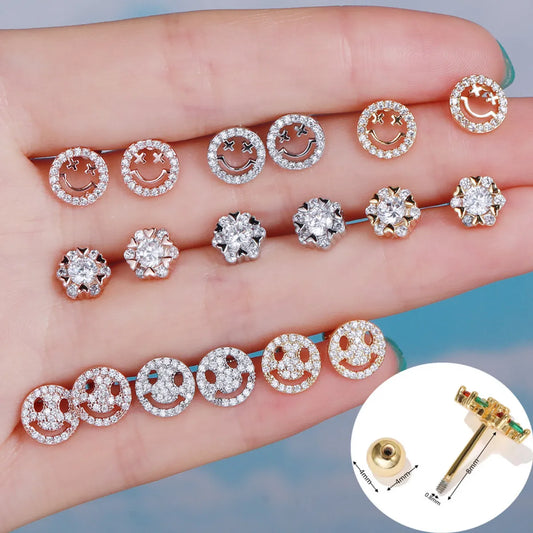 Smiley Face Ear Bone Stud Micro Inlaid Zircon 20g Stainless Steel Rod Piercing Twist Ball Earring