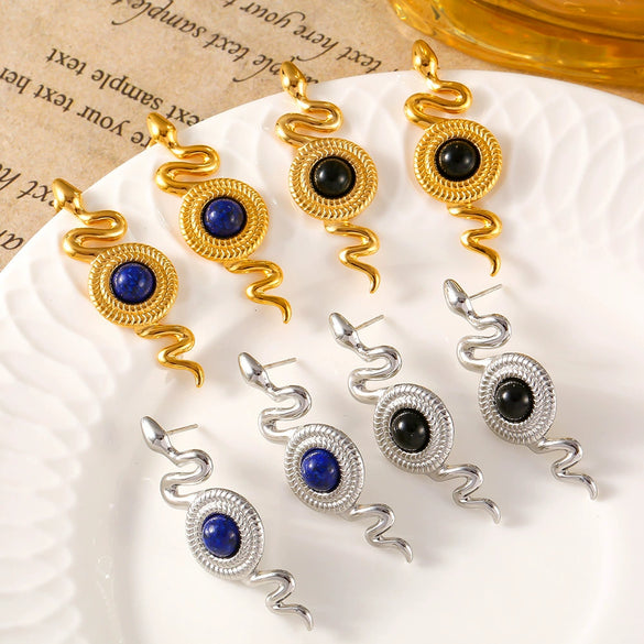 Snake Earrings Titanium Steel 18K Gold Plated Inlaid Natural Stone Geometric Style Electroplated For Women