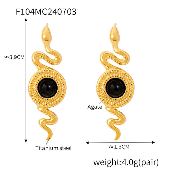 Snake Earrings Titanium Steel 18K Gold Plated Inlaid Natural Stone Geometric Style Electroplated For Women