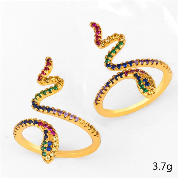 Snake Shape Micro Inlaid Zircon Colorful Diamond Ring Copper Electroplated Adjustable Open Ring Fashion Unisex