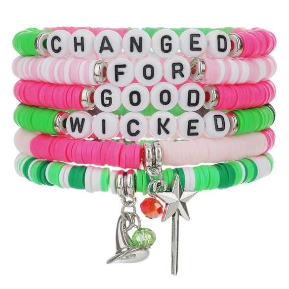 Soft Pottery Stretch Bracelet With Magic Wand Pendant Polymer Clay Acrylic Glass Beads Geometric Handmade