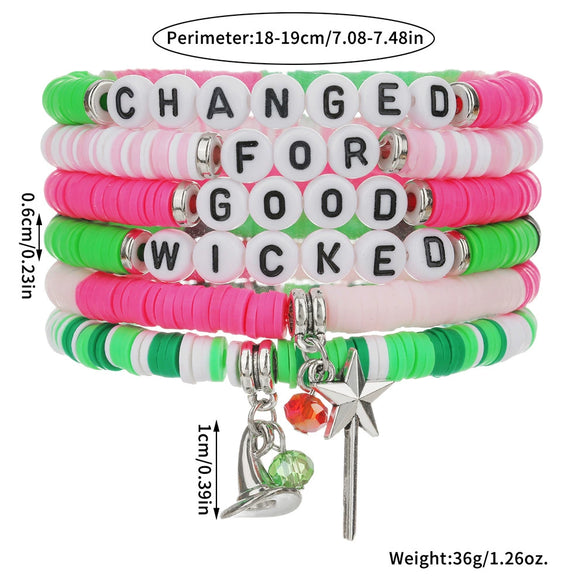 Soft Pottery Stretch Bracelet With Magic Wand Pendant Polymer Clay Acrylic Glass Beads Geometric Handmade