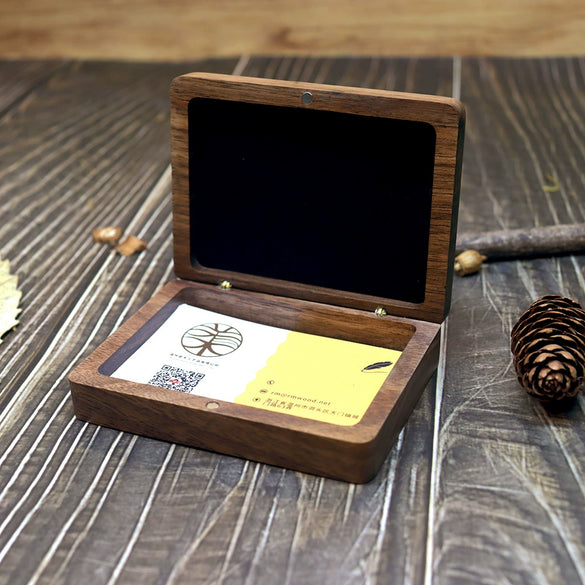 Solid Wood Black Walnut Flip Business Card Case Geometric Pattern Portable Card And Membership Card Storage Box Wooden Card Holder And Packing Box